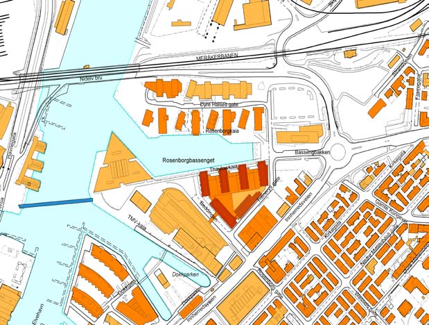 4.3 Beliggenheten i byen. Nedre Elvehavn ligger ved Nidelvas utløp i østre del av Trondheim sentrum. 4.4 Situasjonsplan som viser Bassengtomtas beliggenhet i Nedre Elvehavn ved Rosenborgbassenget.