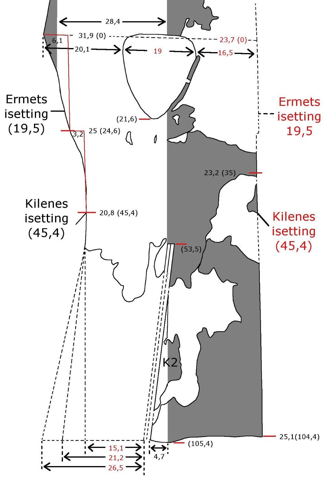 Figur 14. Tegning som viser dimensjonene for bolens forside målt opp av meg selv.