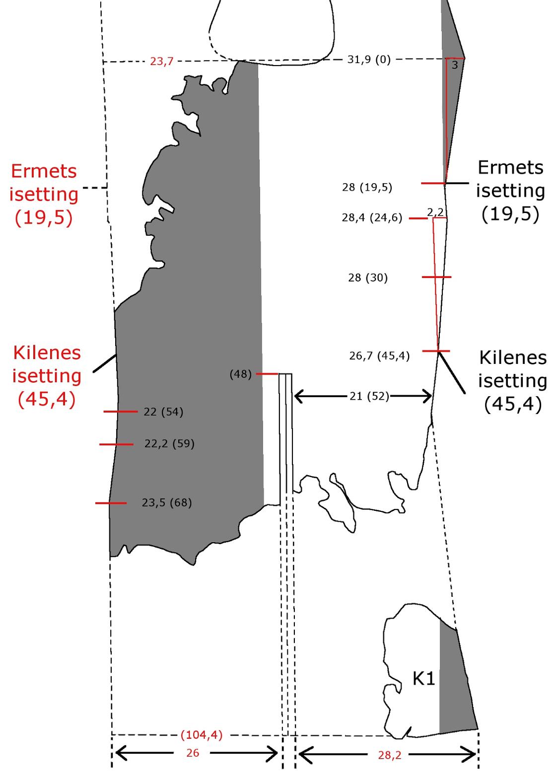 Figur 15. Tegning som viser dimensjonene for bolens bakside målt opp av meg selv.