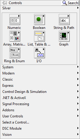 15 Hva er LabVIEW? 2.2 Controls Palett og Functions Palett Når du høyreklikker på Front Panel, dukker Controls Palette opp.