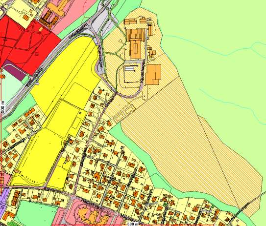 Kart som viser framtidig situasjon: B8 Framtidig boligområde K1 Kombinert formål skole/barnehage og idrettsanlegg K2 utvidelse av område. 1.