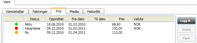 Det er mulig å eksportere prisene til en Excel-fil (gjelder også for eksport av varer). Priseksportlisten viser alle gyldige priser med fra dato. Vareeksport-listen viser kun dagens gyldige pris.