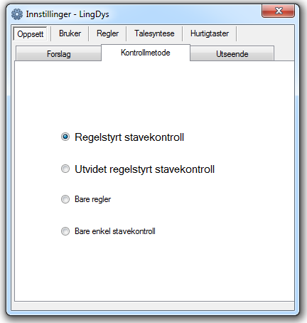 3.4.1.2 Kontrollmetode Under denne arkfanen kan du velge på hvilken måte du vil at stavekontrollen skal foregå.