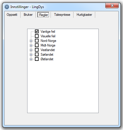 3.4.3 Regler Lingdys har flere regelgrupper. Disse gruppene kan du se under kategorien Regler. Lingdys-innstillinger Regler Dialektbakgrunn har ofte mye å si for hvilke stavefeil som oppstår.