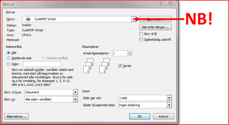 Praktisk bruk av CutePDF (og andre PDF konverteringsprogram) CutePDF virker som de fleste andre PDF-konverteringsprogram som en virtuell skriver.