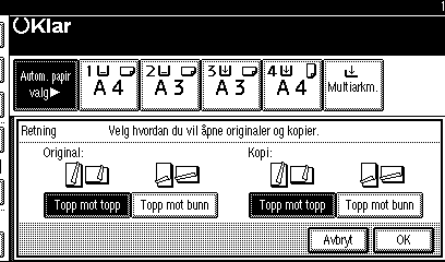 Kopiering A Trykk på [Tosidig/kombinere/serie]. Du kan også velge Ensidig til tosidig eller Tosidig til tosidig direkte ved å trykke på Kopifunksjon-tasten. Hvis du velger dette, går du til trinn D.