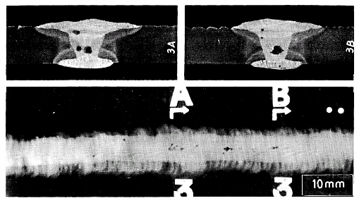 Røntgenbilledet av en virkelig sveis er vist i neste figur, og vi ser rotfeil, slagg og porer. Figur 9.35 Røntgenbilde av en buttsveis i 10mm stålplate utført i vertikalstilling.