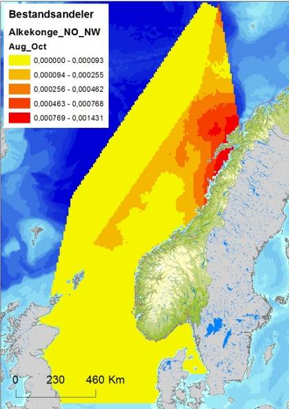 Figur 7-12 Fordeling av alke (Alca torda) i Nordsjøen og Norskehavet, i sommer (april-juli), høst (august-november) og vintersesongen (november-mars), basert på modellerte data (Seapop, 2013).