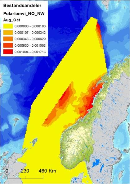 Figur 7-21 Fordeling av polarlomvi (Uria lomvie) i Nordsjøen og   