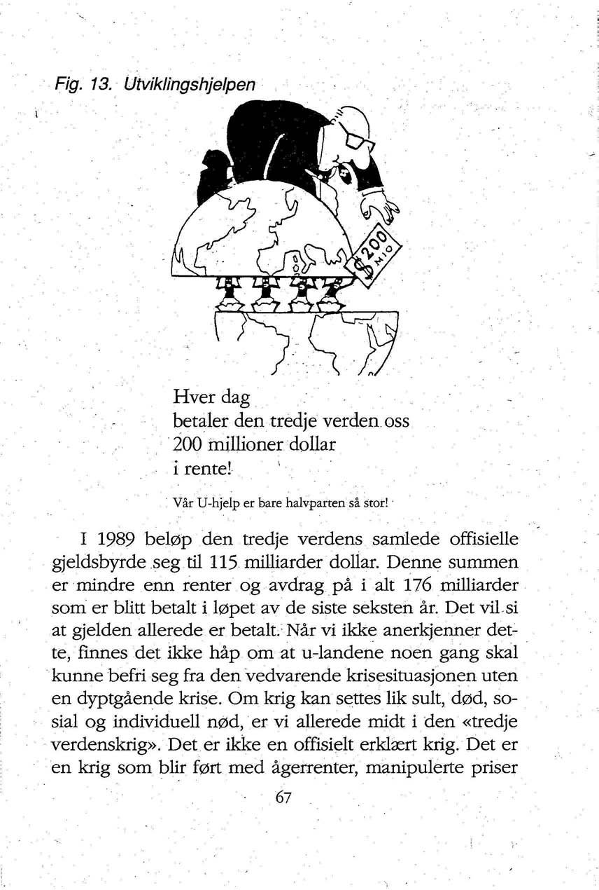 Fig. 13. Utviklingshjelpen Hver dag - betaler den tredje verden oss 200 millioner dollar i rente! l Vår U-hjelp er bare halvparten så stor!