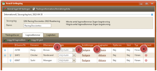 Når utøverne har blitt lagt til så fyller du på med informasjon om disse. Begynn med å velge klubb i rullgardinsmenyen «Klubb» (1).