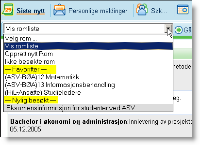 101 Aktiver romvelger med favorittrom Det finnes en romvelger der hver enkelt deltaker kan bestemme hvilke rom som skal vises i romvelgeren, såkalte Favoritter (ofte brukte rom): Vis romliste gir