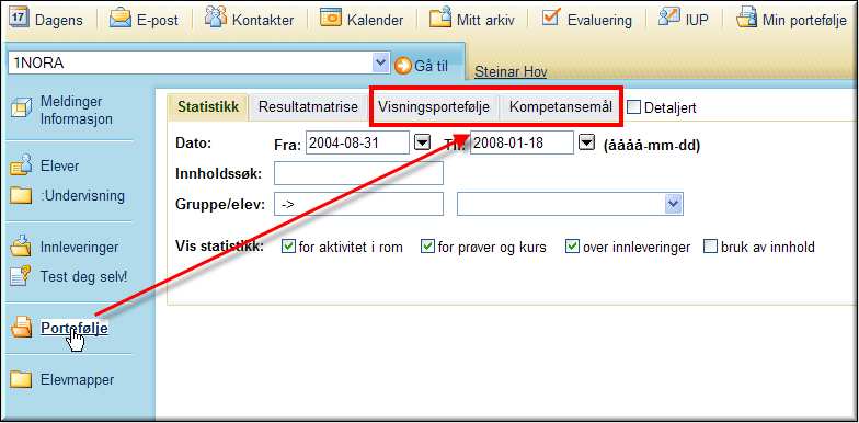 404 Aktiver visningsportefølje og kompetansemål i porteføljeverktøyet Merknad: Gjelder ikke Fronter Y10 Funksjonen Statistikk i Portefølje-verktøyet vil