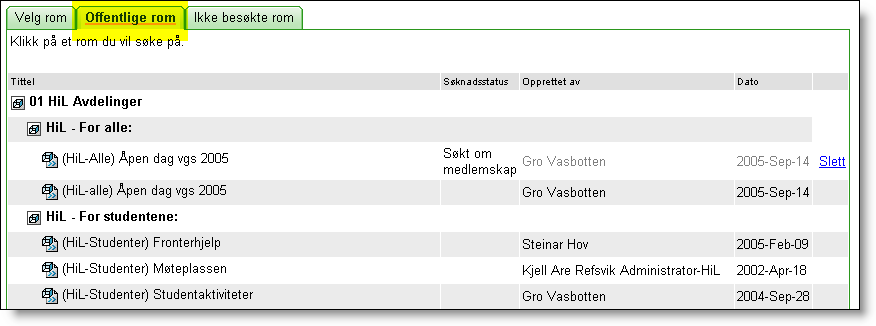 Ved å klikke på aktuelt rom får du opp dette