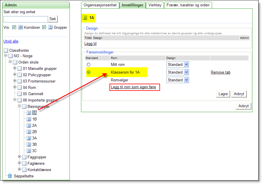 Ved å velge gruppen som inneholder elevene (her: klasse 1A) kan du altså Legge til et rom som egen fane. Du må altså velge fra lista over rom hvilket som skal vises på denne arkfanen.