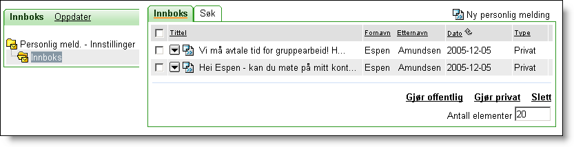 Her ser vi at kun Personlige meldinger vises, og tittelen på verktøyet bør derfor endres for de denne innstillingen er satt for.