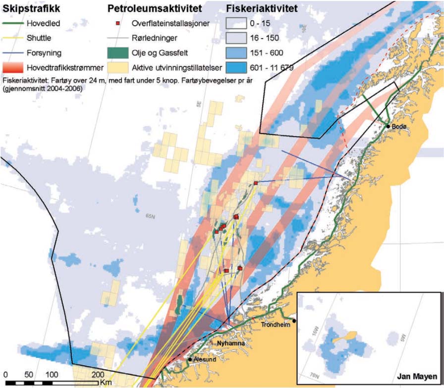 Figur 6-2 Skipstrafikk, petroleumsaktivitet og fiskeriaktivitet i Norskehavet (Helhetlig forvaltningsplan for Norskehavet 2009) I konsekvensutredningen for Zidane vil forhold knyttet til