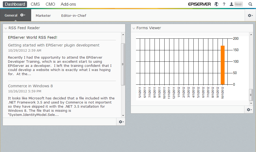 EPiServer-plattform 119 Dashbord Dashbord er et personlig område som brukes til samling og visning av viktig webområdeinformasjon.