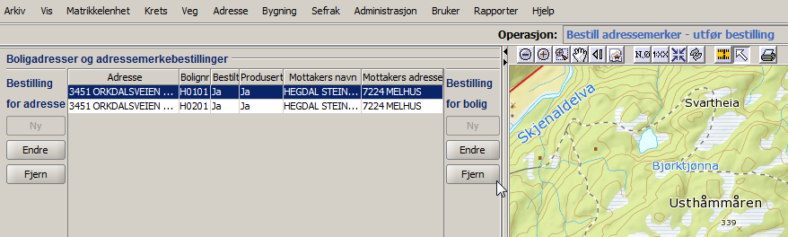 Splitt matrikkeladresse Manuell bestilling av adressemerker Krav i matrikkelen: Det skal manuelt kunne bestilles merke for: en boligadresse alle boligadressene på en adresse, med mulighet for å velge