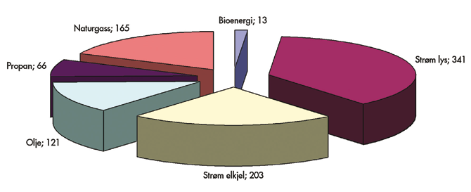 Figur 4. Energiforbruket i norske veksthus 2007 målt i GWh (Grjotheim, 2009. Tall fra Norges Gartnerforbund.) land har også gjort konverteringen til fornybar energi vanskeligere.