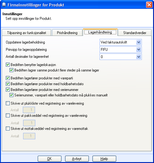 Kostnadsføring av lagerførte produkter INNSTILLINGER Firmainnstillinger for lagerhåndtering En forutsetning for å kunne bokføre varekost på salgstidspunktet, er at du lagerfører produkter.