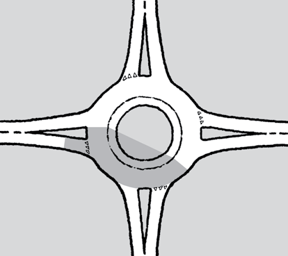 70 Sikt til venstre for tilfarten (bakover i rundkjøringen) En bilfører som befinner seg 10 meter bak vikelinja og midt i kjørefeltet bør ha sikt til hele det skraverte arealet vist i figur 4.42.