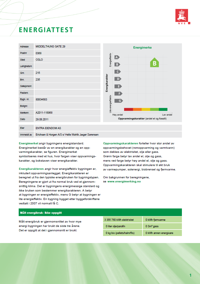 oppvarmingsmerke. Jo mindre andel elektrisitet, olje og gass, jo bedre farge får oppvarmingskarakteren. Beregningen av energimerket baserer seg på en del verdier som ikke kan endres.