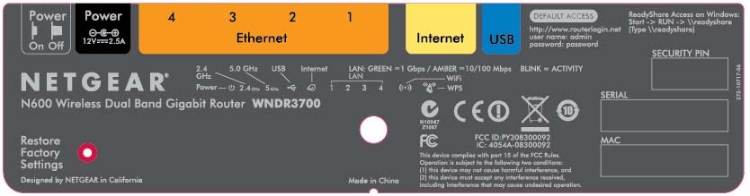 Merkelappen på ruteren Se på merkelappen på undersiden av N600 Wireless Gigabit-ruteren for å finne sikkerhets-pinkoden, serienummeret, portkontakter, statuslamper og standard påloggingsinformasjon.