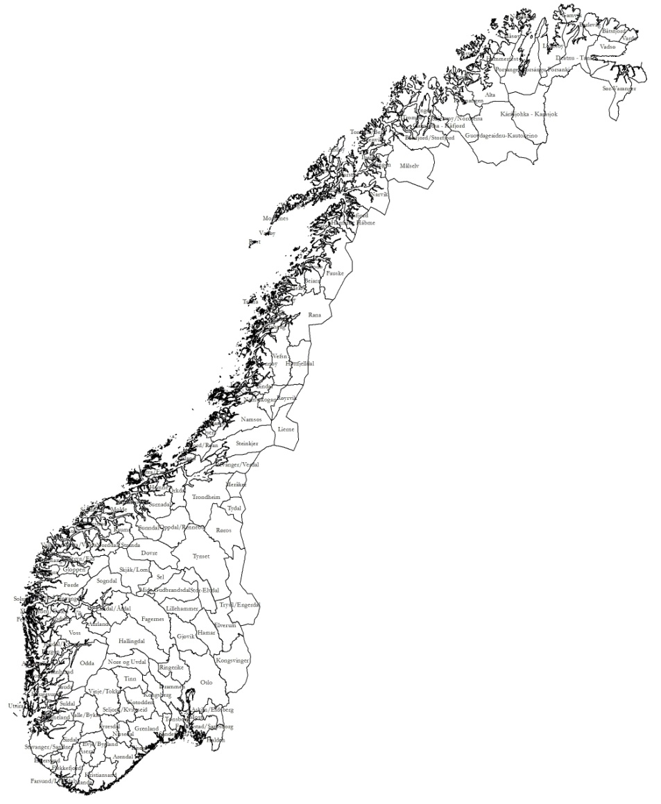 35 Figur 3.1 Oversikt over BA-regioner Kilde: Gundersen og Juvkam 2013 En rekke regioner består av enkeltkommuner med svært små eller ingen sentra.