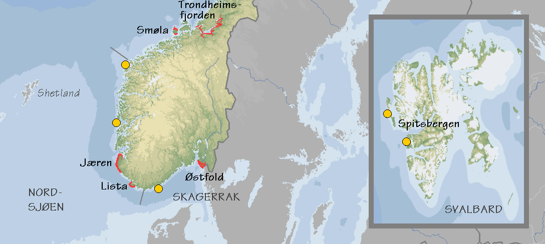 På fastlandet går regionsgrensene ved Lindesnes (ca 7 E), Stadt (ca 62 N) og Andfjorden (fylkesgrensen Nordland/Troms, ca 69 30'N).