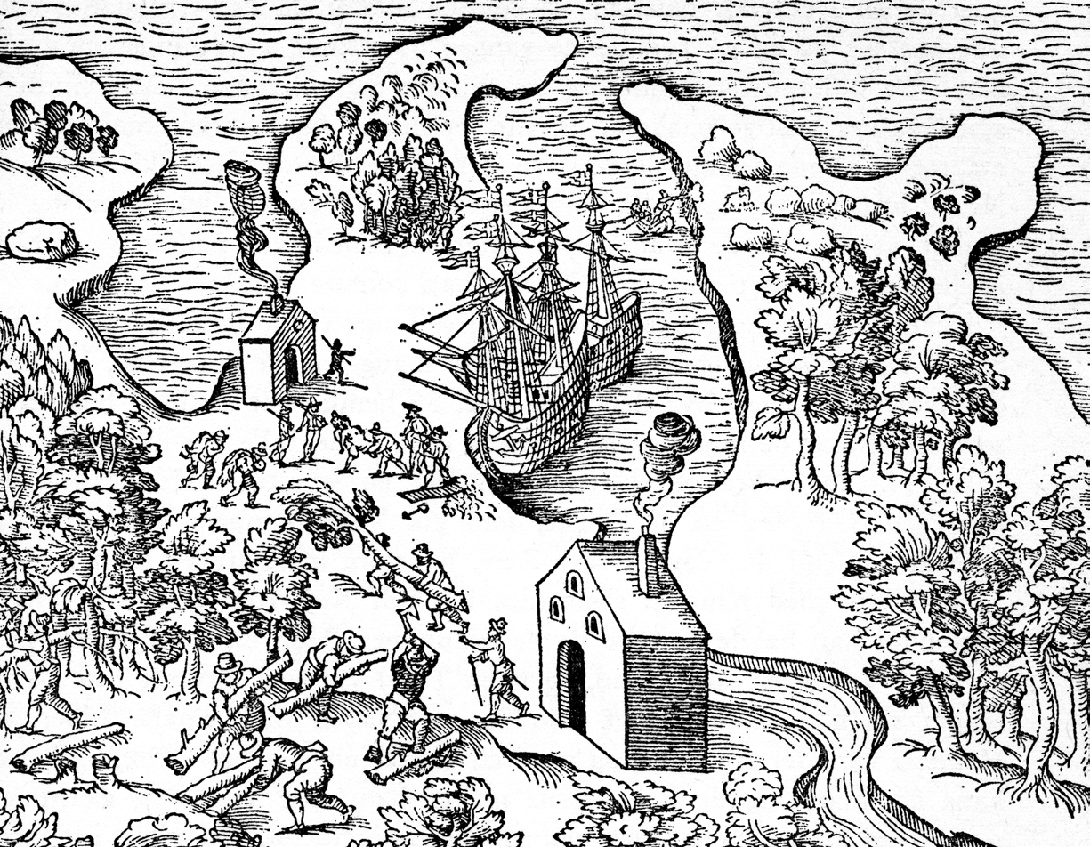 Skipene Enhjørningen og Lamprenen gjør seg klar til overvintring i Hudson Bay i 1619/20. Begge skipene har dannebrog med splitt fra alle master.