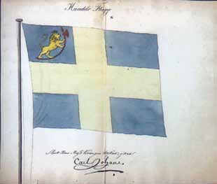 Disse flaggforslagene, som i dag ligger i Livrustkammeret i Stockholm, er antagelig forslagene som de svenske kommisærene hadde til et nytt svensk-norsk handels- og orlogsflagg for unionen.