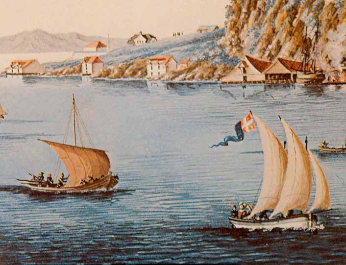 Lystbåter i Sandviken ved Bergen med dannebrogsvimpel med blått felt. Disse vimplene var ganske vanlige i Bergen etter 1800.