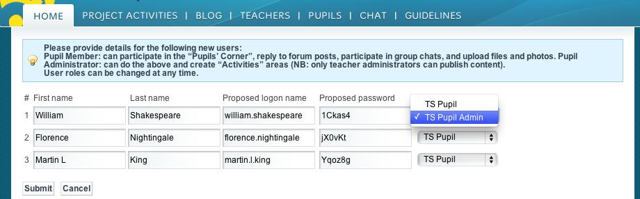 Trinn 5 Invitere nye elever Tips: Du kan endre elevens rolle i etwinning ved å klikke på