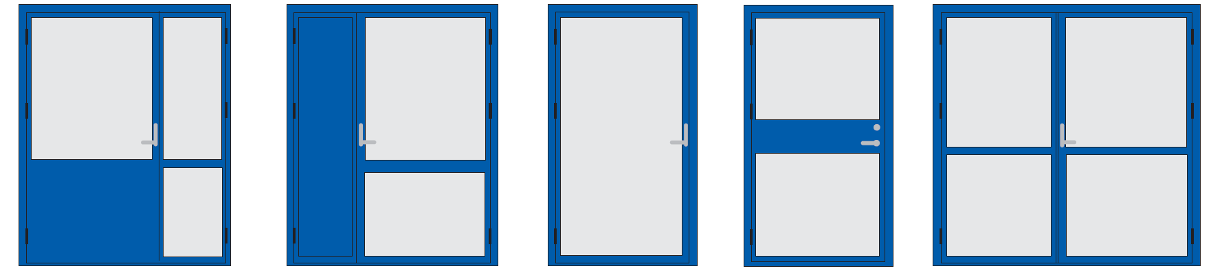 Profilbaserte dører F30 - A30 - A60 Nemko lisenser 461-12, 13, 21, 22 Konstruksjon Produktene er bygget i SP uisolert 50mm stålprofilsystem. Utførelse med glass og tettfelt i mange variasjoner.