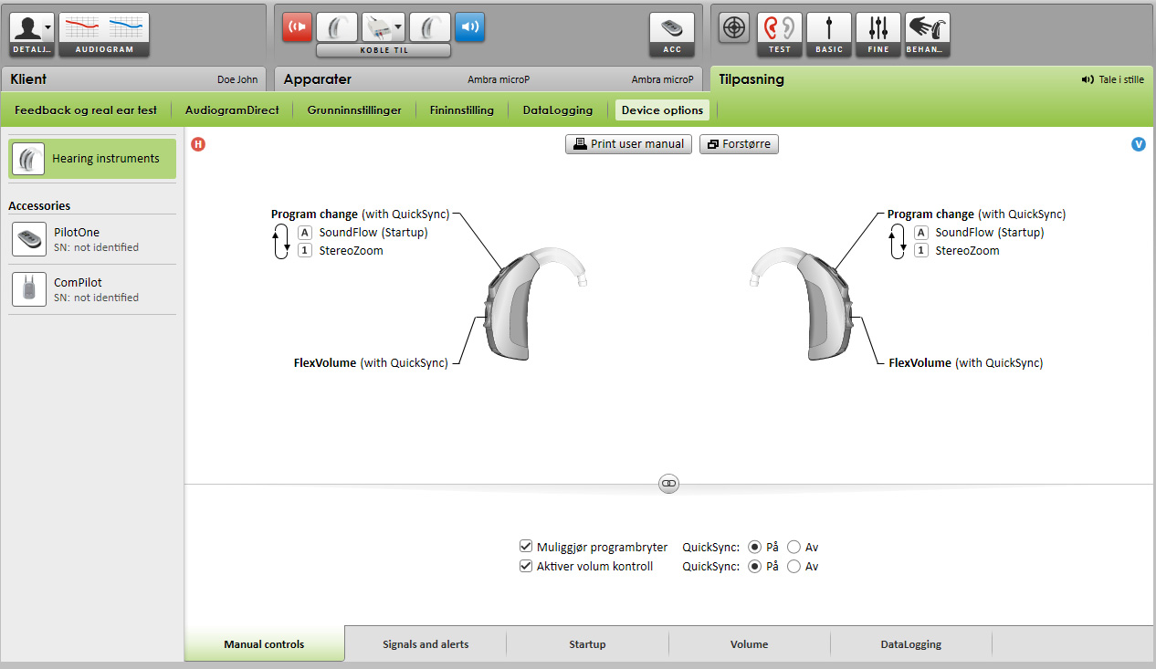 Enhetsalternativer Ved å klikke på [Device options] kan du stille inn alternativer for høreapparater, som f.eks.