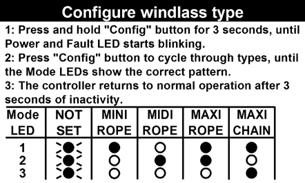 . Kontrollenhet vil huske konfigurasjonen, også etter strømløs tilstand. 4. Sjekk at riktig vinsjtype vises. Denne beskrivelsen finnes også under lokket over terminalene. Configuring windlass type 1.