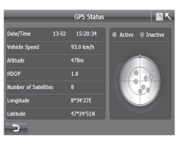 3) for å se skjermbildet GPS Status (GPSstatus)(bilde 6.12). Du kan også trykke på på Route Navi Map (Kart for rutenavigasjon) eller Free Navi Map (Kart for fri navigasjon) for å se GPSstatus.