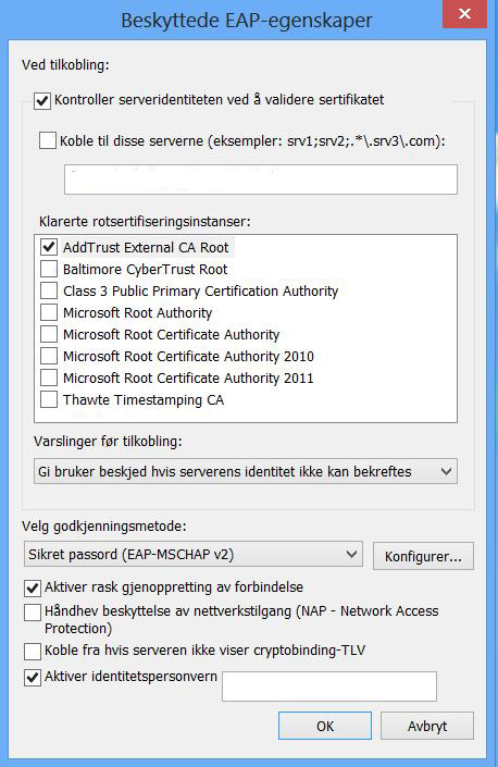 Steg 9: Fyll inn informasjon slik at skjermbildet ditt er identisk med bildet til venstre: Huk av for Valider serversertifikat Huk av for Koble til disse serverne og skriv inn: freeradius1.uis.