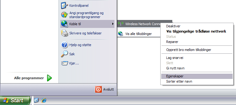 Windows XP: Hvordan finne alder og versjon på driveren for nettverkskortet IT avdelingen Velg Start > Koble til Høyreklikk på valget Wireless Network