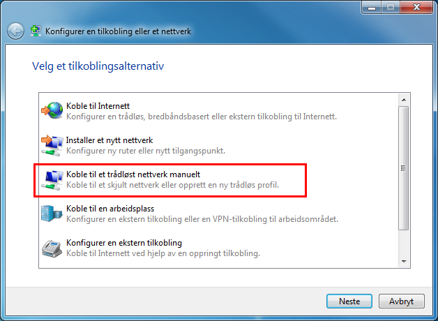 Windows 7 og Windows Vista Steg4: Velg Koble til et trådløst nettverk manuelt NB: Det kan være du blir bedt om å velge hvilket nettverkskort du vil benytte.