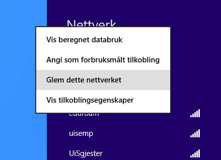 Steg 2: Høyreklikk på eduroam. Hvis det ikke kommer opp en meny her, trenger du ikke gjennomføre dette steget.