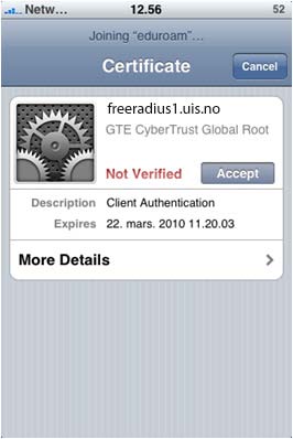 Eduroam og iphone/itouch Når du er spurt om å godkjenne sertifikat, trykk på Godta, vent en liten stund (det vil kanskje ta 15-20 sekunder). Du vil se at du kobler opp mot freeradius1.uis.