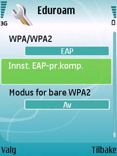 Eduroam og Nokia N95 (Symbian) Gå deretter inn på "WLAN-sikkerhetsinnst." og sørg for at feltene er som skjermbildet.