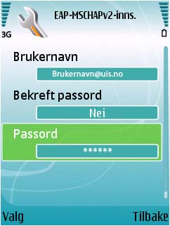 Eduroam og Nokia N95 (Symbian) Legg inn verdiene som vist på skjermbildet. Husk brukernavn@uis.