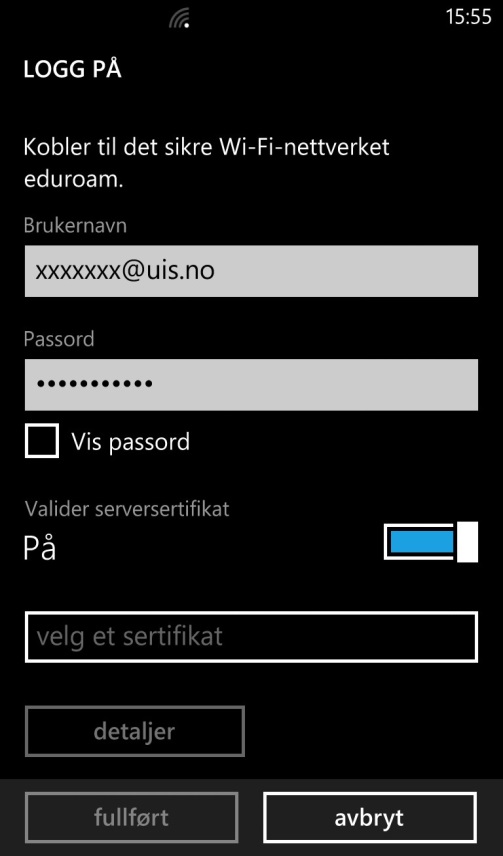 Windows Mobile 8 Trinn 3 Fyll inn følgende informasjon: Step 3 Fill in the following information: UiS-brukernavn @uis.no ([stud.nr/ans.nr]@uis.