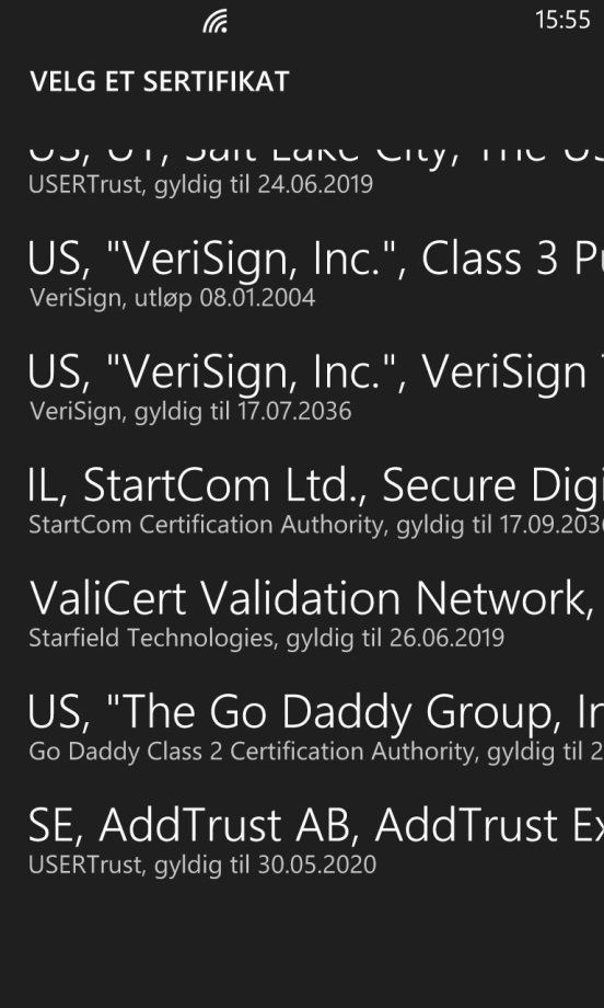 Windows Mobile 8 Trinn 4 Velg sertifikatet som heter: SE, Add Trust AB,Addtrust External TTP Network, Addtrust External CA Root Avslutt ved å