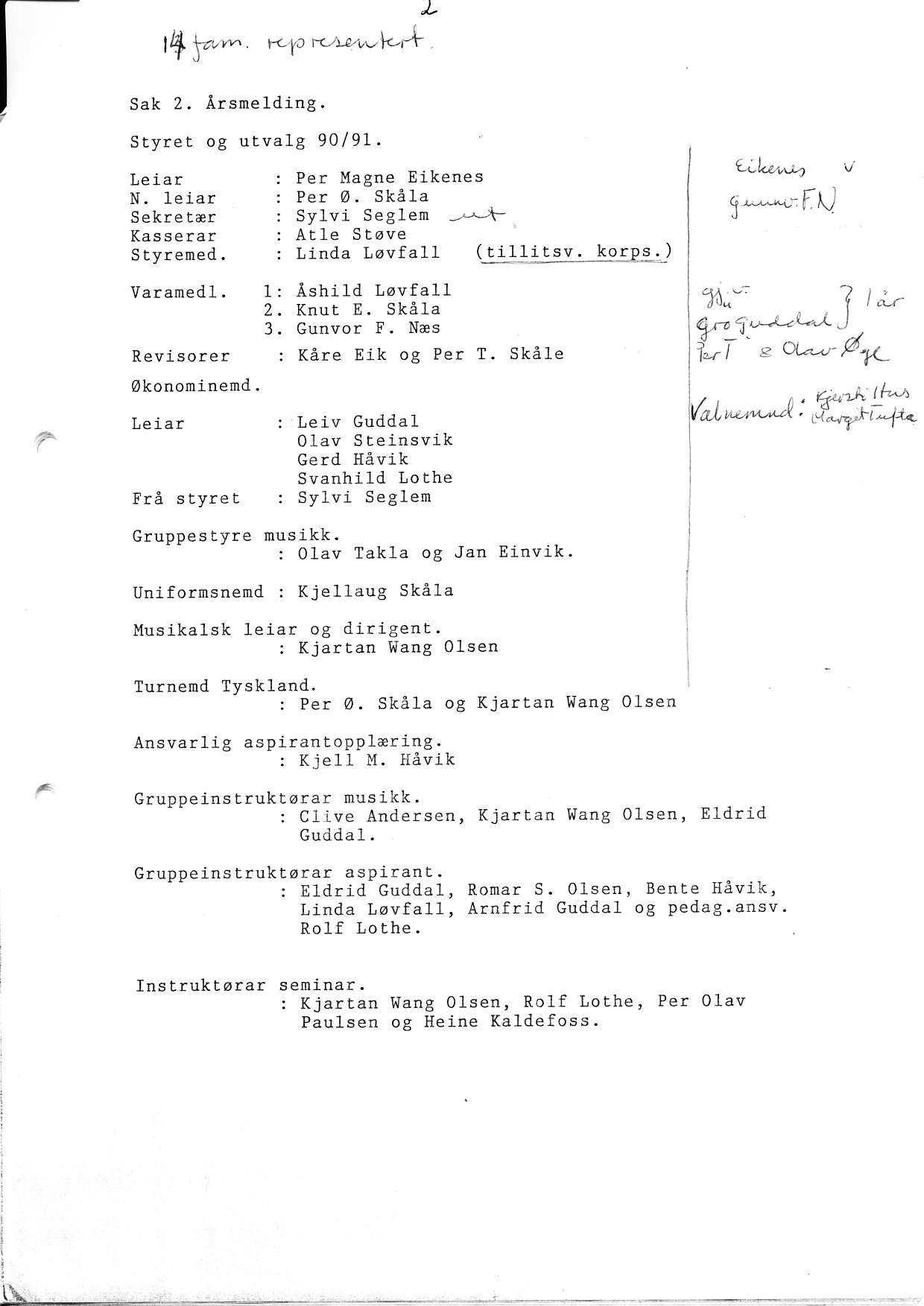 t l+y"* r".pr-r.-,v* Sak 2. Arsmelding ' Styre L og utvalg 90/91. Leiar N. leiar Sekreter Kasserar S tyrened. varamedl. Revisorer 0korIominemd. Leia. FrA slyret Gruppes lyre 1, 3 L Per Magne Eikenes Per 0.