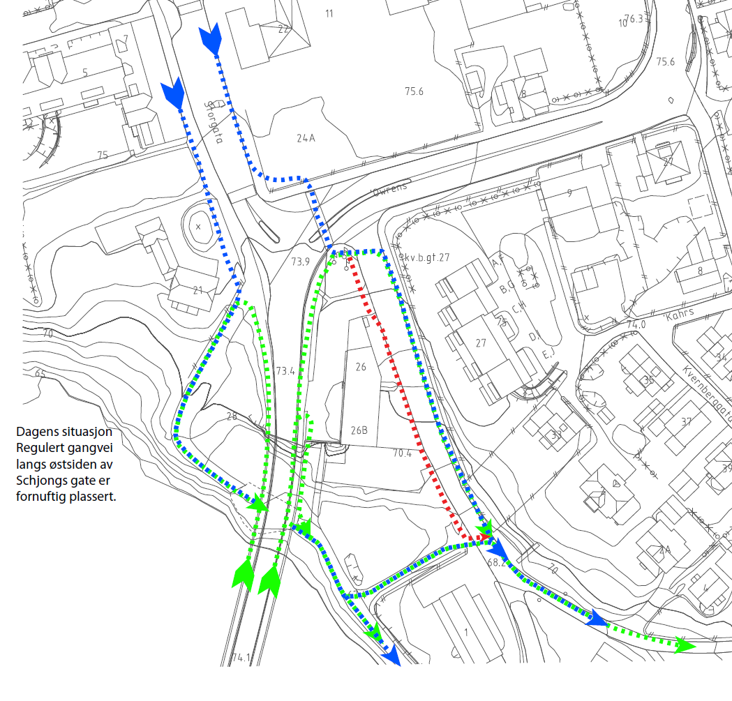 Dagens situasjon Illustrasjonen viser dagens situasjon med eksisterende gangmønster.