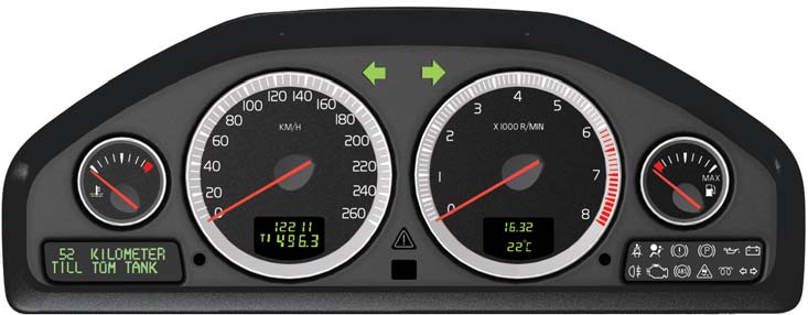 KJØRECOMPUTER OG TRIPPTELLER 7 6 1 Display for kjørecomputer. Velg funksjon med (9). 2 Et kort trykk veksler mellom T1 & T2. Et langt trykk nullstiller den aktuelle telleren.